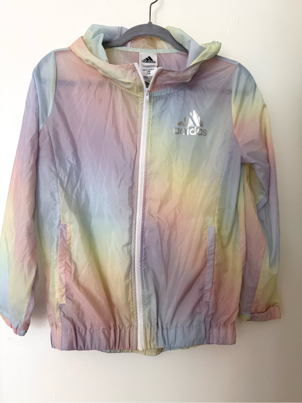 Adidas Girls Pastel Rainbow Hooded Windbreaker Jacket Size 14